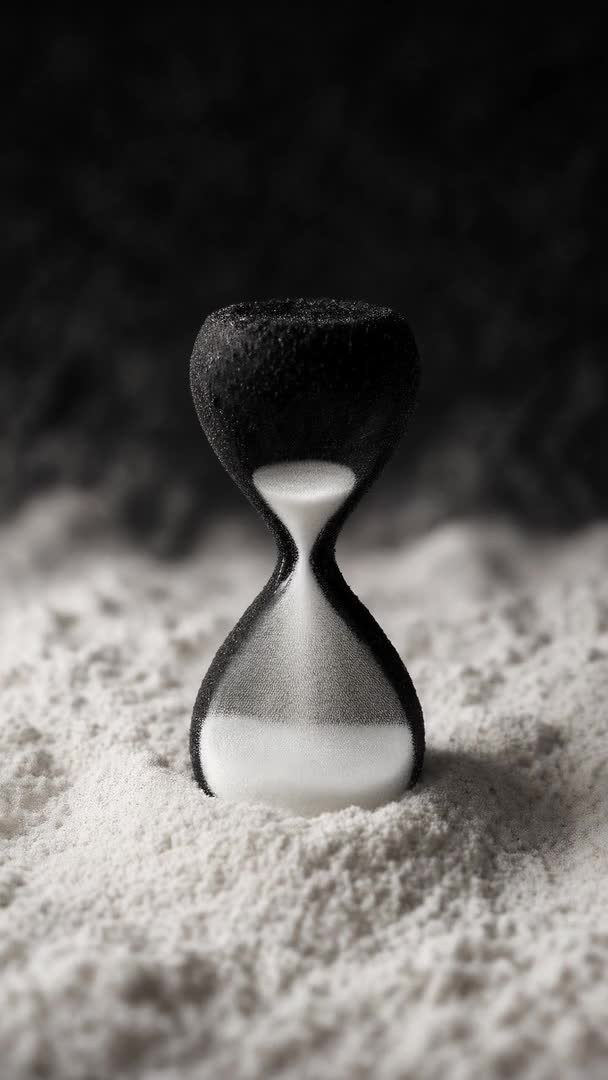 A black hourglass standing in a bed of white sand. Its body has no glass: its form is the sand.