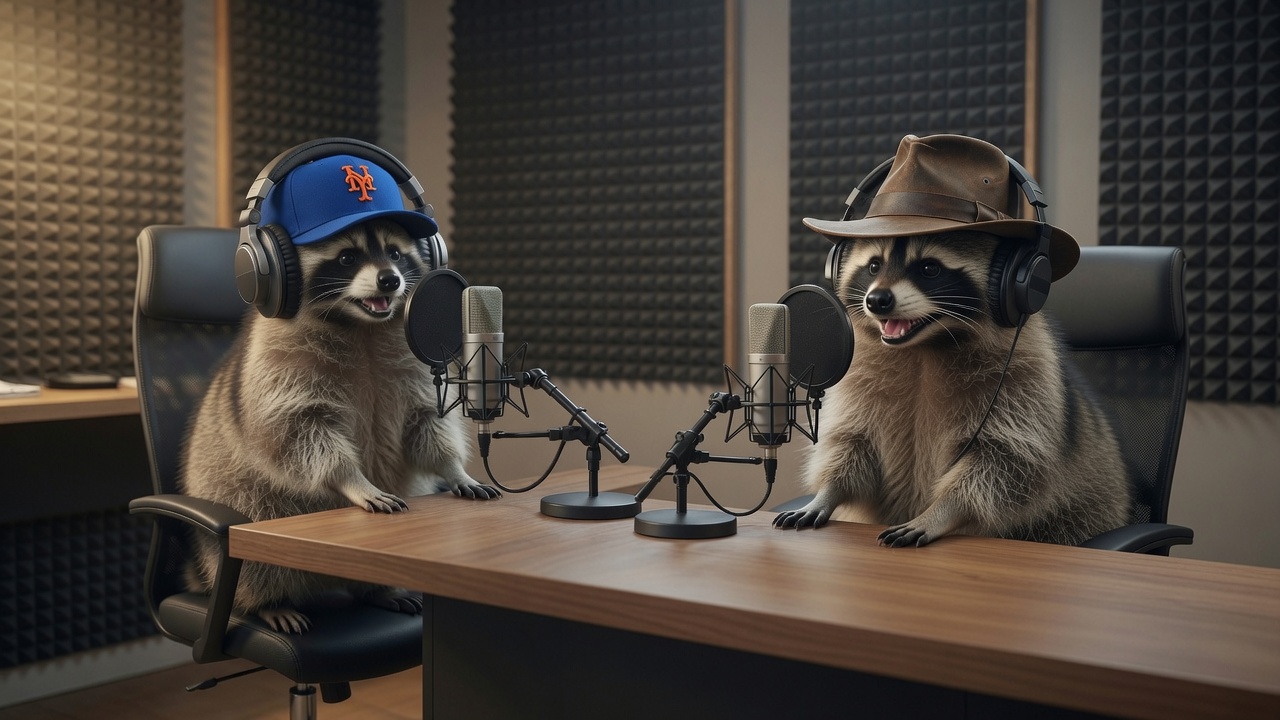 Sylvester and Mortimer at the microphones, wide two-shot