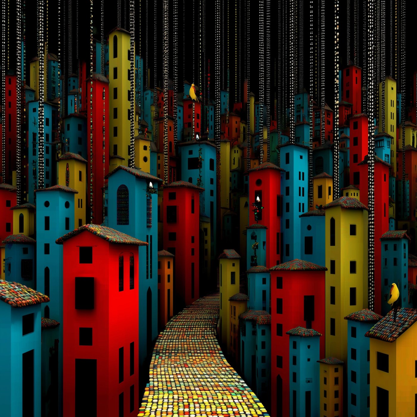 Flowers of Disease, Coming Home single cover: red, blue and yellow houses along a mosaic path